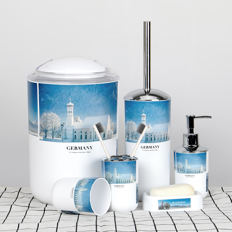 印花欧式风景房子塑料卫浴6套件洗漱用品套装卫浴浴室酒店 牙刷杯