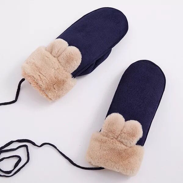 Korean-style suede thickened finger gloves with added fleece, cute and fashionable. Rabbit ears, fur mouth, student outdoor cycling Specification image