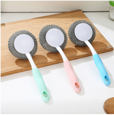 自带钢丝清洁球长柄锅刷 不沾油塑料去污清洁刷 厨房创意洗碗刷