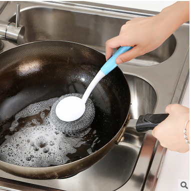 自带钢丝清洁球长柄锅刷 不沾油塑料去污清洁刷 厨房创意洗碗刷细节图