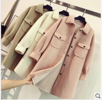 Medium long lamb wool padded coat for women solid color single breasted warm lapel padded coat