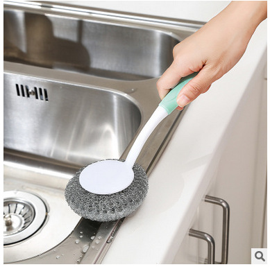 自带钢丝清洁球长柄锅刷 不沾油塑料去污清洁刷 厨房创意洗碗刷