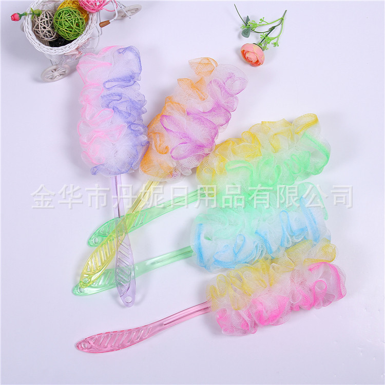 厂家直销热卖 彩色浴擦 手柄沐浴花 搓背神器 泡沫丰富环保PE材料产品图