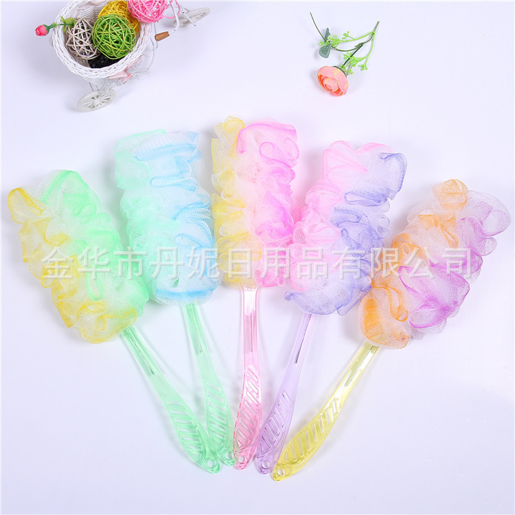 厂家直销热卖 彩色浴擦 手柄沐浴花 搓背神器 泡沫丰富环保PE材料