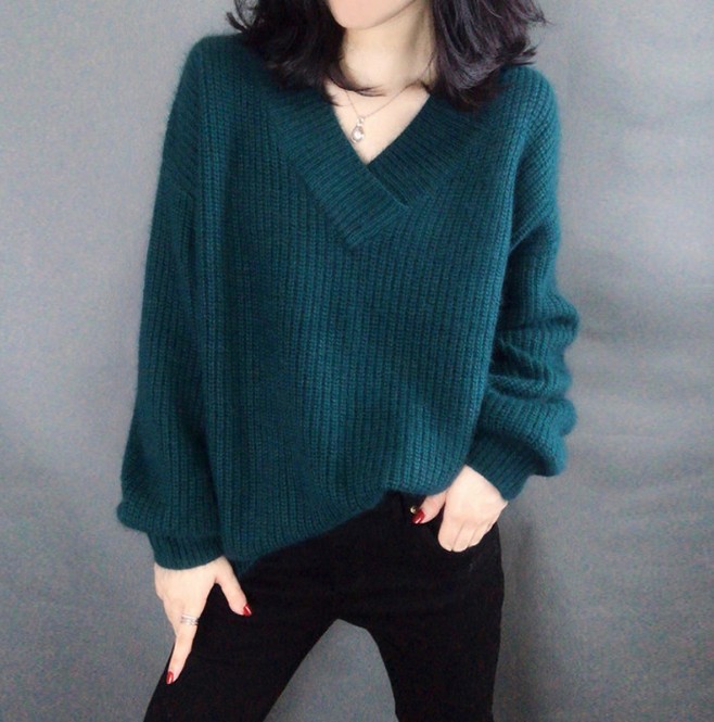 新款慵懒风宽松V领灯笼袖羊驼绒针织打底衫套头毛衣女装
