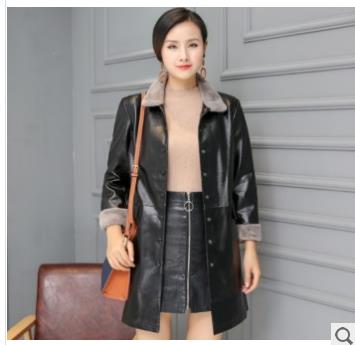 Sheep skin coat women's goose down jacket mink fur medium length PU leather coat