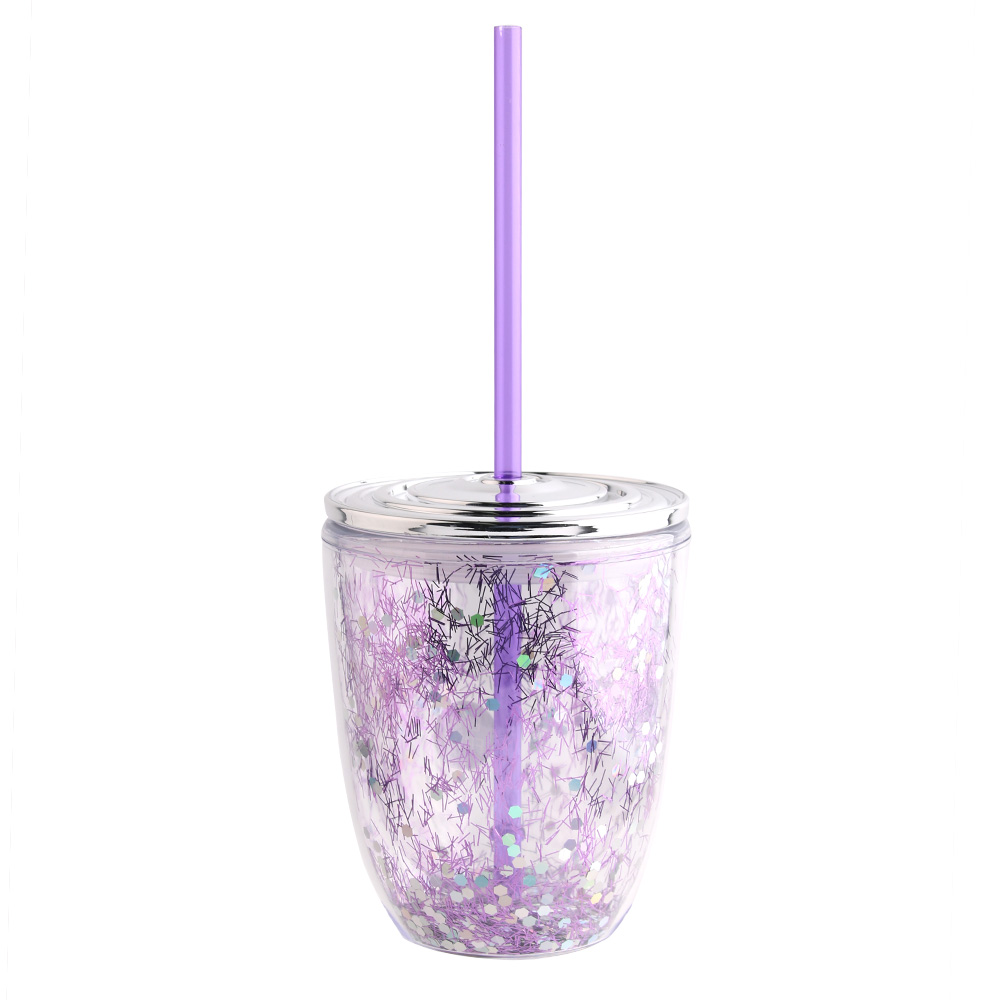 350ML / 12-ounce double-layer transparent plastic fruit juice drink with gold powder can hold ice cream straw cup full figure