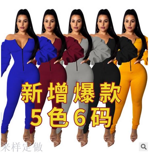 跨境专供欧美时尚一字领堆堆袖修身连体裤高弹加厚太空层裤
