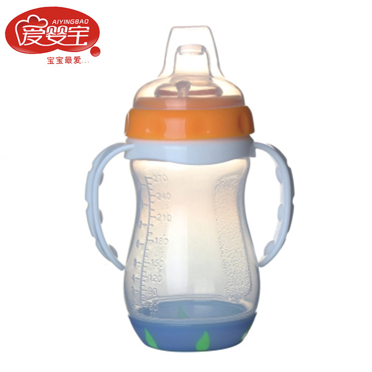 爱婴宝母婴用品 婴儿感温带柄PP学饮杯 鸭嘴软嘴水杯270ml