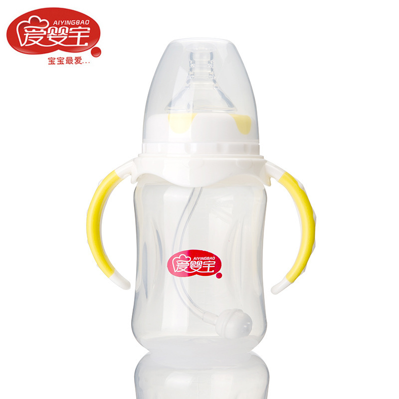 Wholesale of 240ml baby and maternal products from Aiyingbao dual-color handle wide-mouth automatic straw PP baby bottle Specification image