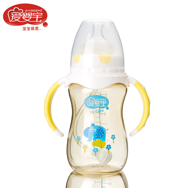 New wide-mouth PPSU baby bottle from Aiyingbao, with a dual-color handle, is shockproof and environmentally friendly, measuring 240ml
