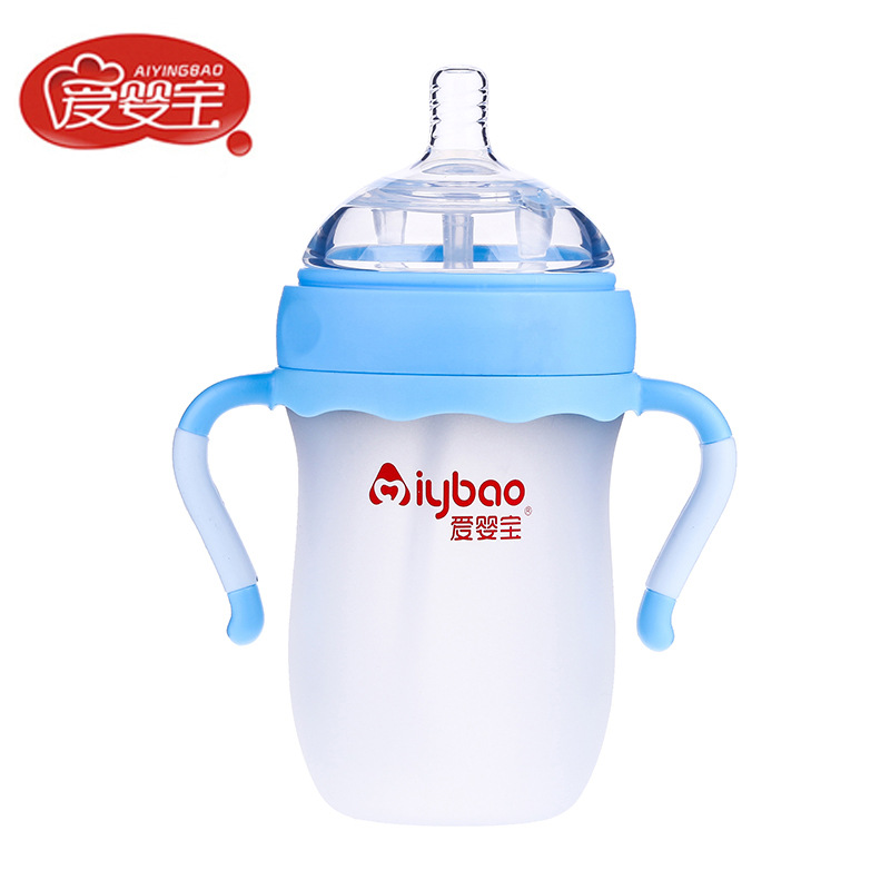 The new wide-mouthed silicone baby bottle from Aiyingbao features a dual-color handle and a breast milk-like silicone nipple with a capacity of 260ml Specification image