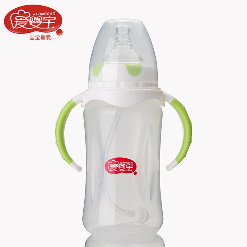Wholesale of 300ml wide-mouth PP baby bottles with handles and straws from Aiyingbao, a dual-color handle baby product Specification image