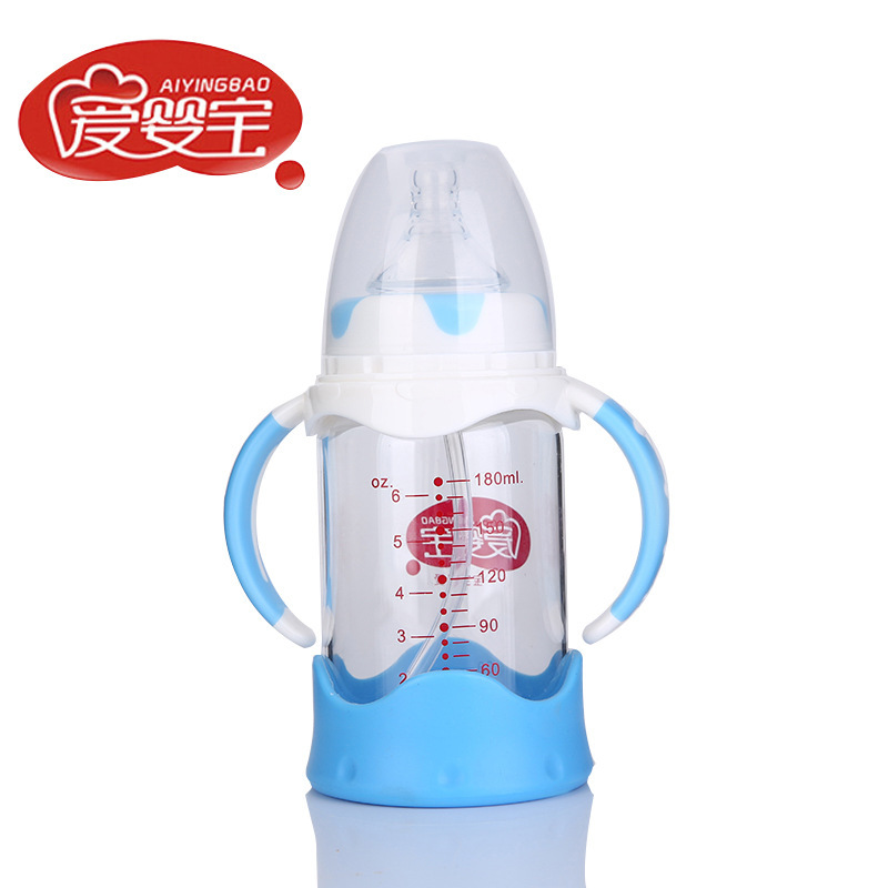 爱婴宝母婴用品 晶钻玻璃吸管奶瓶 带座垫奶瓶180ml 双色手柄详情图2