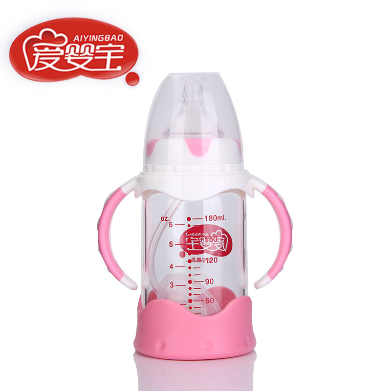 爱婴宝母婴用品 晶钻玻璃吸管奶瓶 带座垫奶瓶180ml 双色手柄详情图1