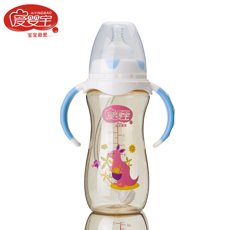 New wide-mouth PPSU baby bottle from Aiyingbao, with a dual-color handle, is shockproof and environmentally friendly, with a capacity of 300ml