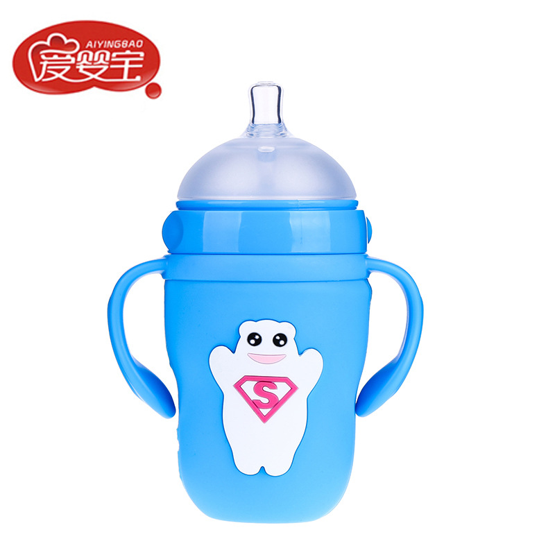 The new wide-mouthed glass baby bottle from Aiyingbao features a cartoon silicone protective case and a 360-degree feeding bottle Specification image