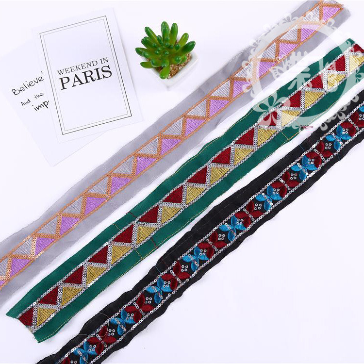 Spot ethnic embroidery glitter lace beads Computer embroidery bar code ribbon lace luggage garment accessories lace