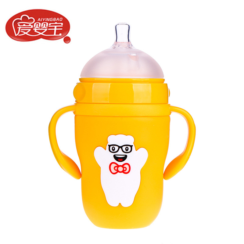 The new wide-mouthed glass baby bottle from Aiyingbao features a cartoon silicone protective case and a 360-degree feeding bottle details Picture
