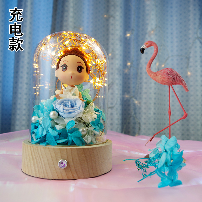 Immortal flower glass cover small night light Charging small night light zelkova wood base creative night light