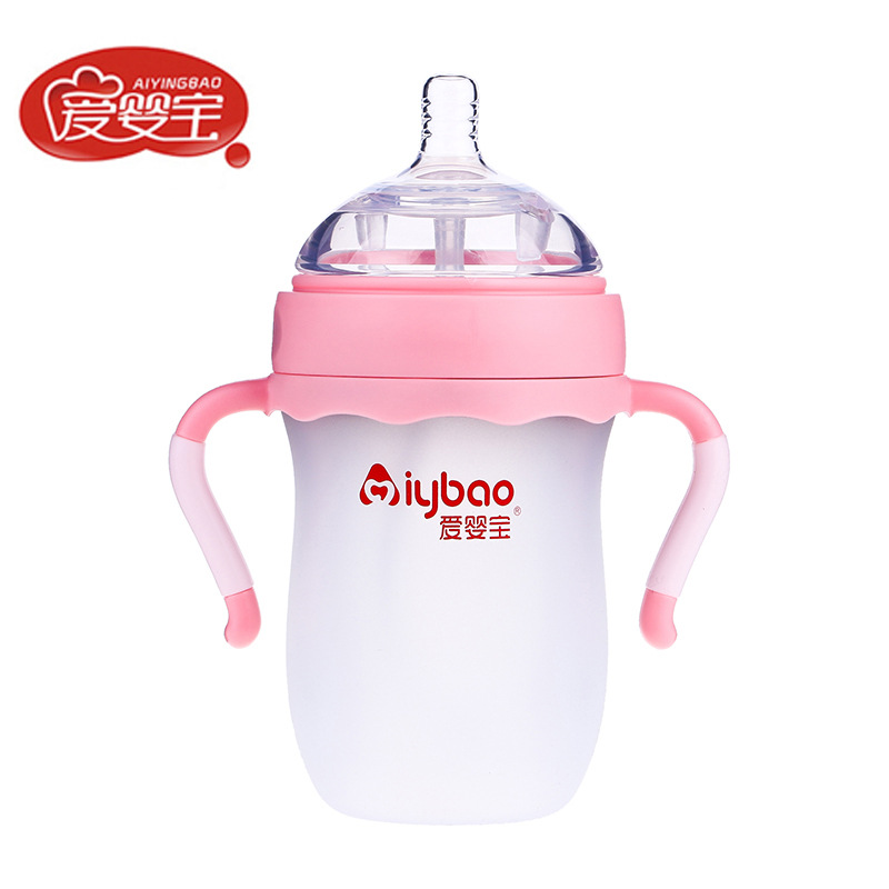The new wide-mouthed silicone baby bottle from Aiyingbao features a dual-color handle and a breast milk-like silicone nipple with a capacity of 260ml details Picture