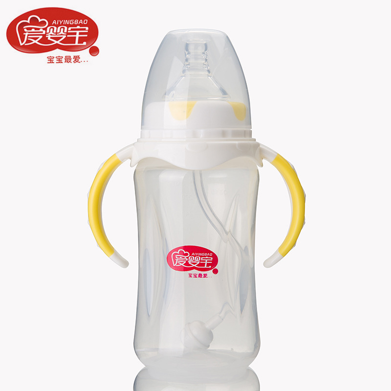 Wholesale of 300ml wide-mouth PP baby bottles with handles and straws from Aiyingbao, a dual-color handle baby product