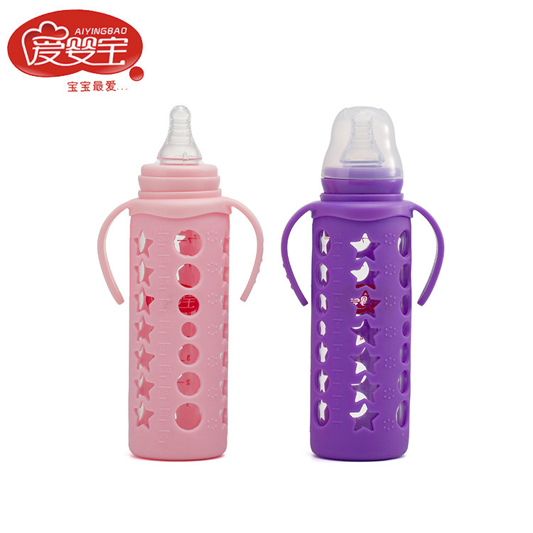 Baby Love Standard Diameter Crystal Diamond Glass Baby Bottle Insulated Explosion-Proof Breakproof Baby Bottle 240Ml Three-Color Silicone Sleeve