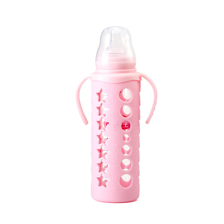 Baby Love Standard Diameter Crystal Diamond Glass Baby Bottle Insulated Explosion-Proof Breakproof Baby Bottle 240Ml Three-Color Silicone Sleeve Specification drawing