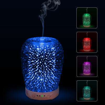 3D Creative Fireworks aroma diffuser humidifier, best-selling night light aroma diffuser, wood grain timed gradient color