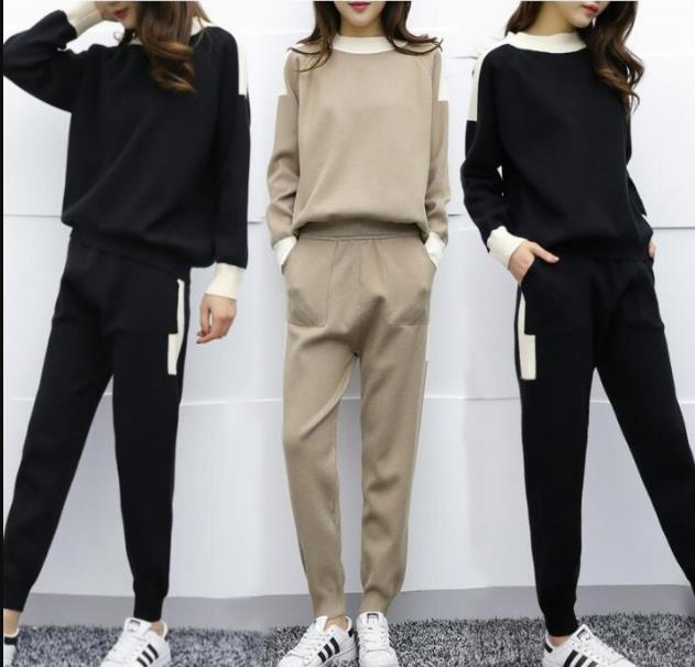 New fashionable women's wear Korean-style knitted two-piece set, petite Harem pants, casual sportswear for women