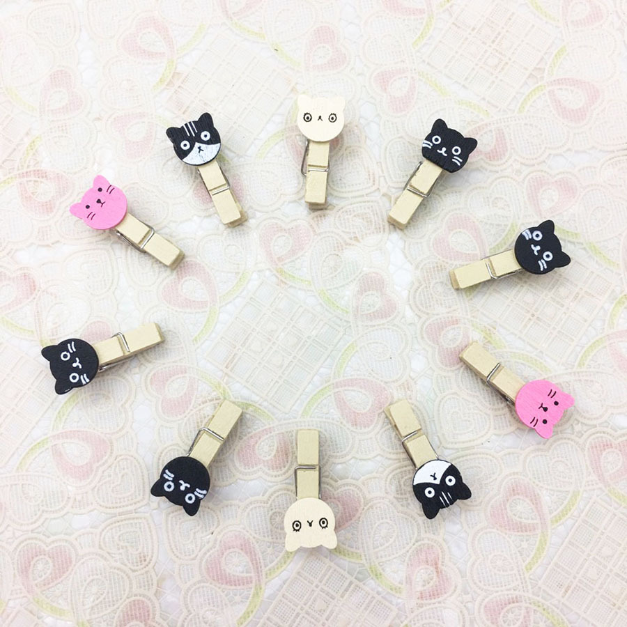 10个装木质猫头小木夹家居日用照片夹卡通相片夹麻绳套装产品图