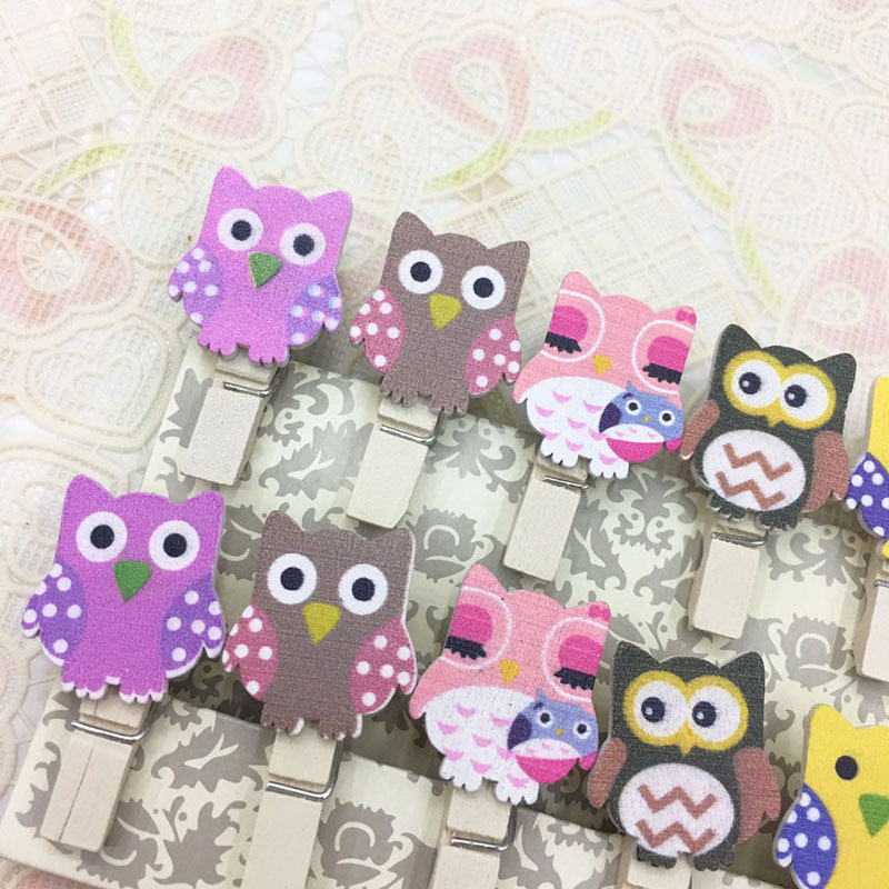 10个装木质猫头鹰小木夹家居日用照片夹卡通相片夹麻绳套装产品图