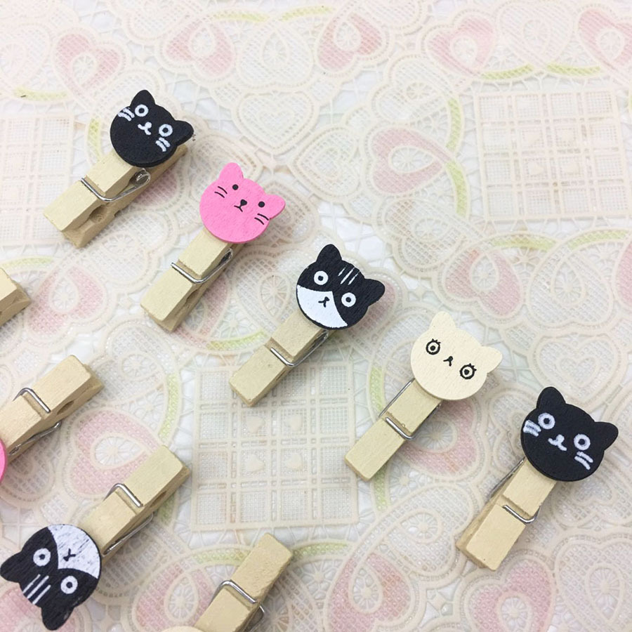 10个装木质猫头小木夹家居日用照片夹卡通相片夹麻绳套装细节图