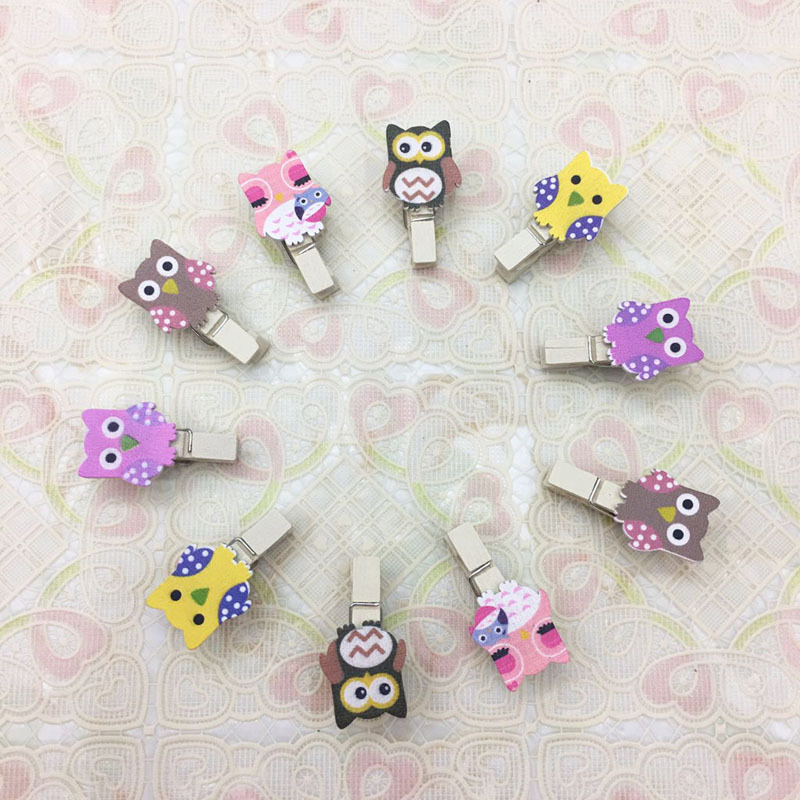 10个装木质猫头鹰小木夹家居日用照片夹卡通相片夹麻绳套装图