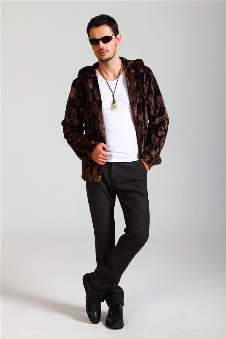 Haining 2018 New Imitation Fur Coat Male Mink Mink Whole Mink Hooded Slim-Fit Long Fur Big details Picture
