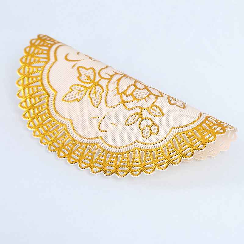 翼家新款PVC杯垫厂家直销 12cm圆形烫金镂空餐垫细节图