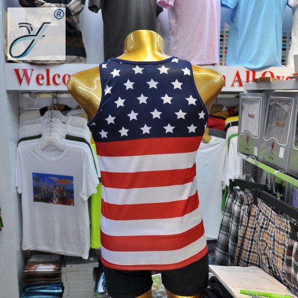 厂家订制 外贸弹力运动健身 美国国旗背心热升华条纹T恤衫广告衫产品图