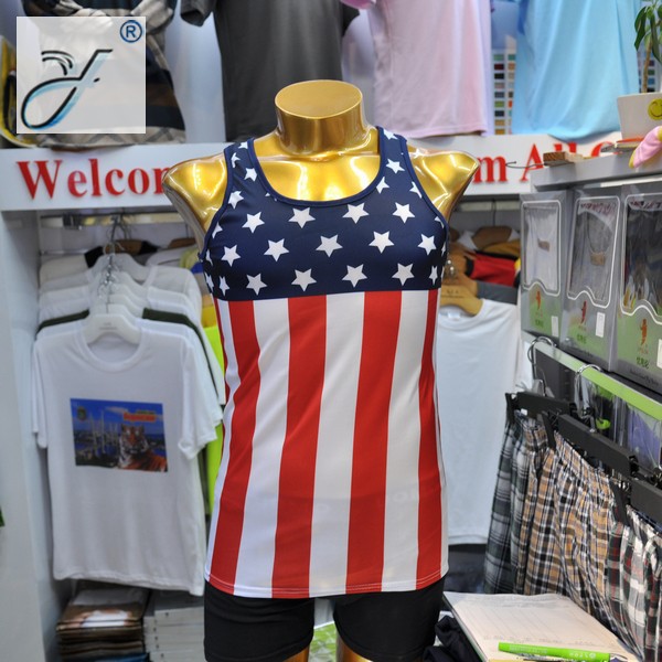厂家订制 外贸弹力运动健身 美国国旗背心热升华条纹T恤衫广告衫细节图