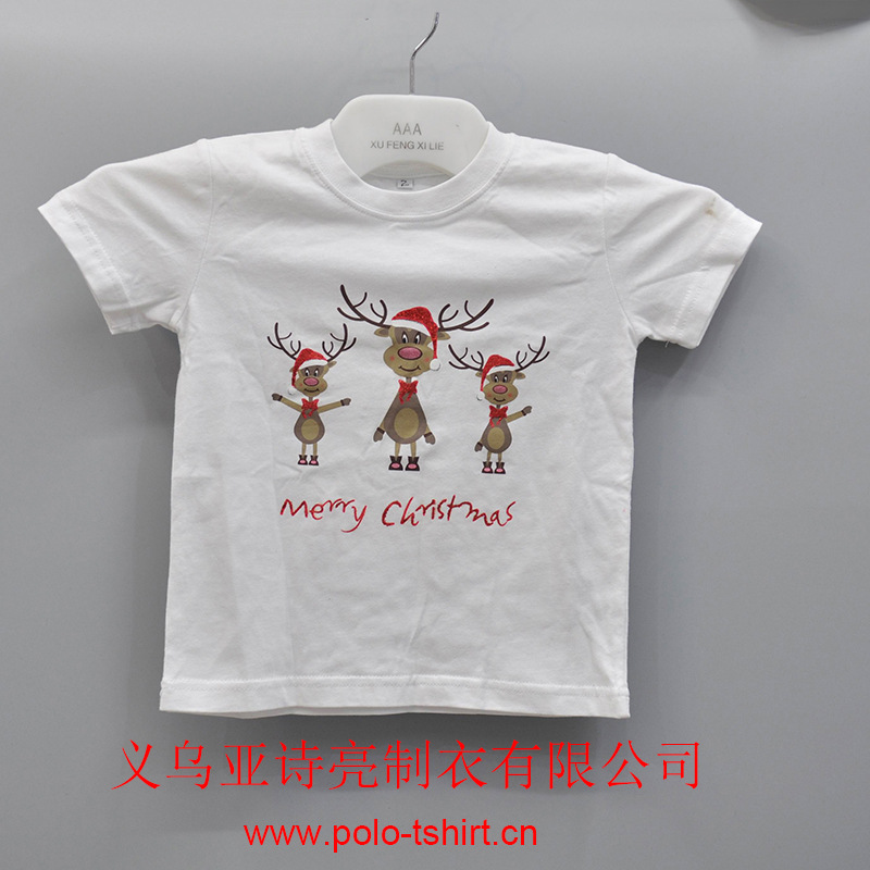 夏季阿里巴巴童装纯棉短袖卡通可爱驯鹿印花圣诞t恤广告衫文化衫