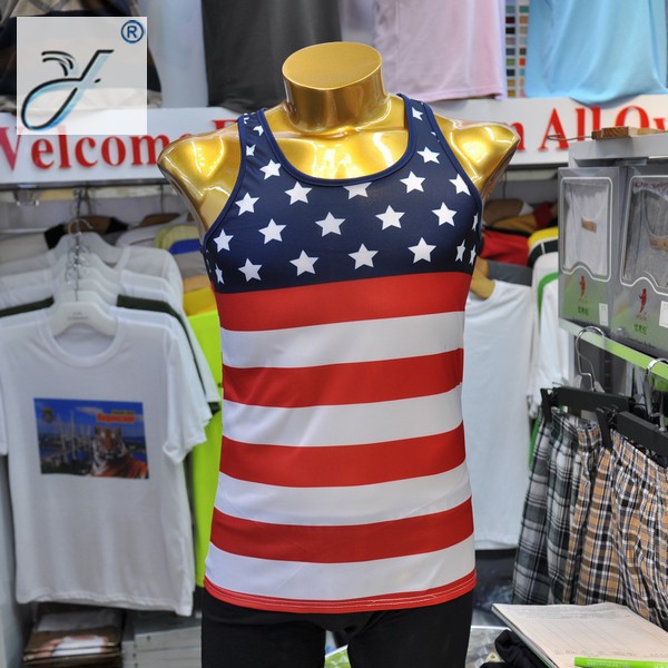 厂家订制 外贸弹力运动健身 美国国旗背心热升华条纹T恤衫广告衫图