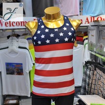 厂家订制 外贸弹力运动健身 美国国旗背心热升华条纹T恤衫广告衫