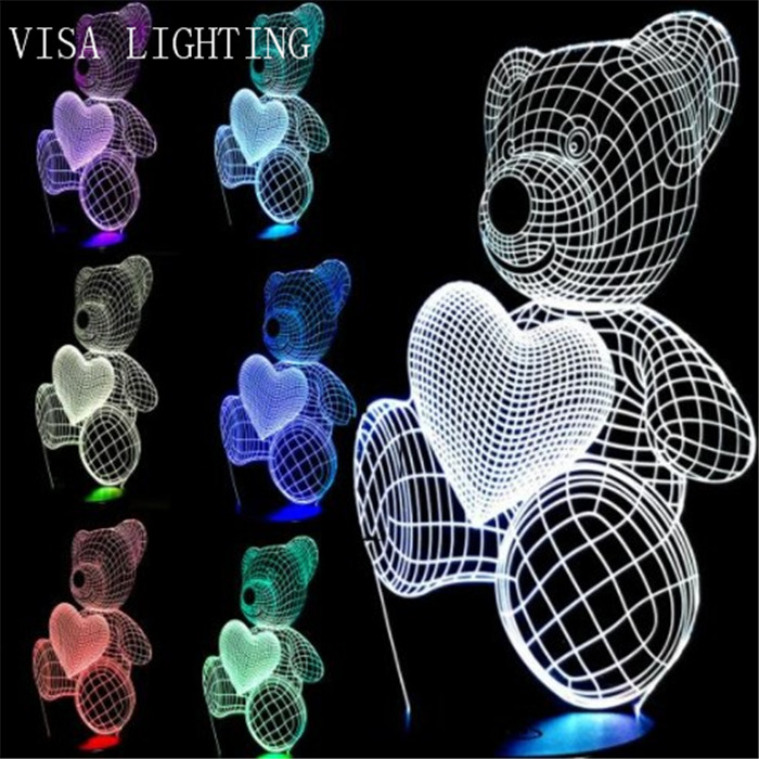 3D New Smart seven-color night light, Heart Bear Birthday Atmosphere light, led sleeping desk lamp