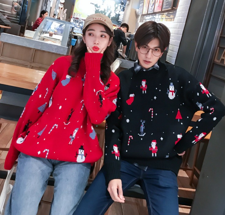 Crew neck cartoon couple sweater loose matching men's and women's sweater top trend