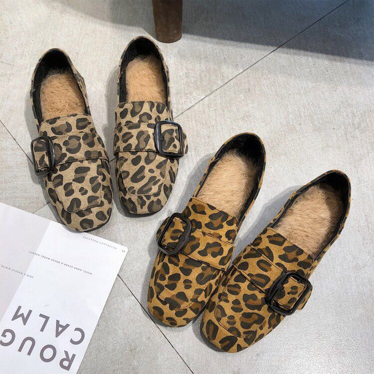 豹纹平底毛毛鞋