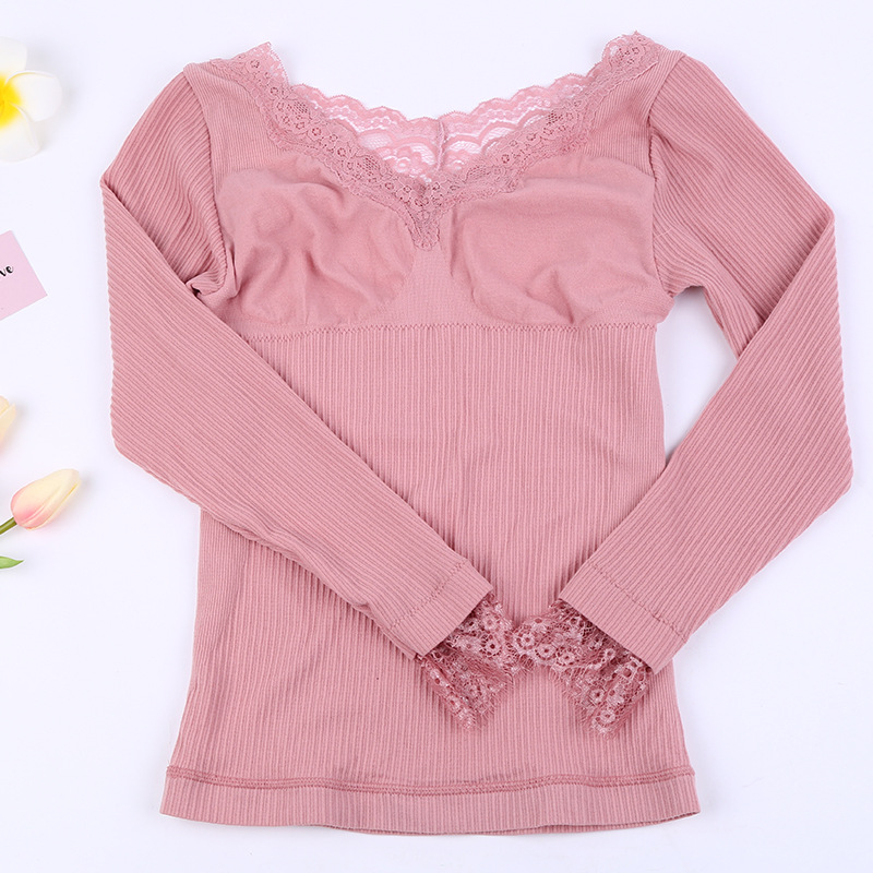 Autumn/Winter 2018 Stretch Stretch Stretch Thick Seamless Long Sleeve Warm Top For Women With A Draw-In Bottom Lace Neckline Underwear details Picture