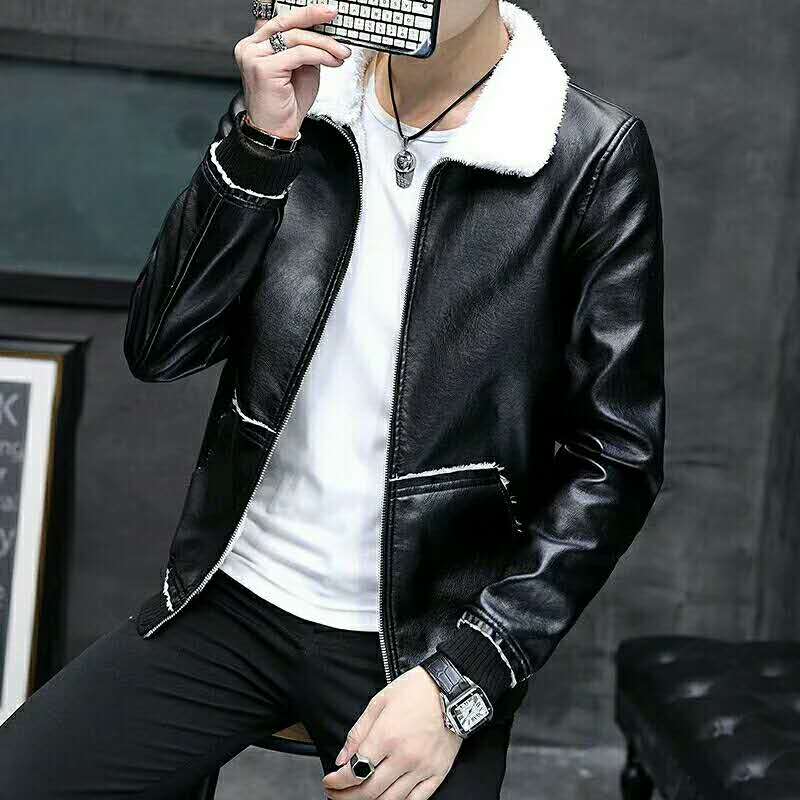 Leather men plus fleece thickened motorcycle leather jacket male youth Korean PU leather coat tide