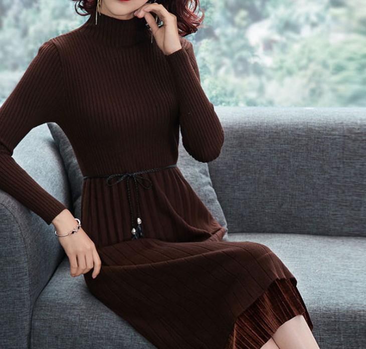 Mid-length dress repair elastic solid color patchwork all matching skirt sweater woman
