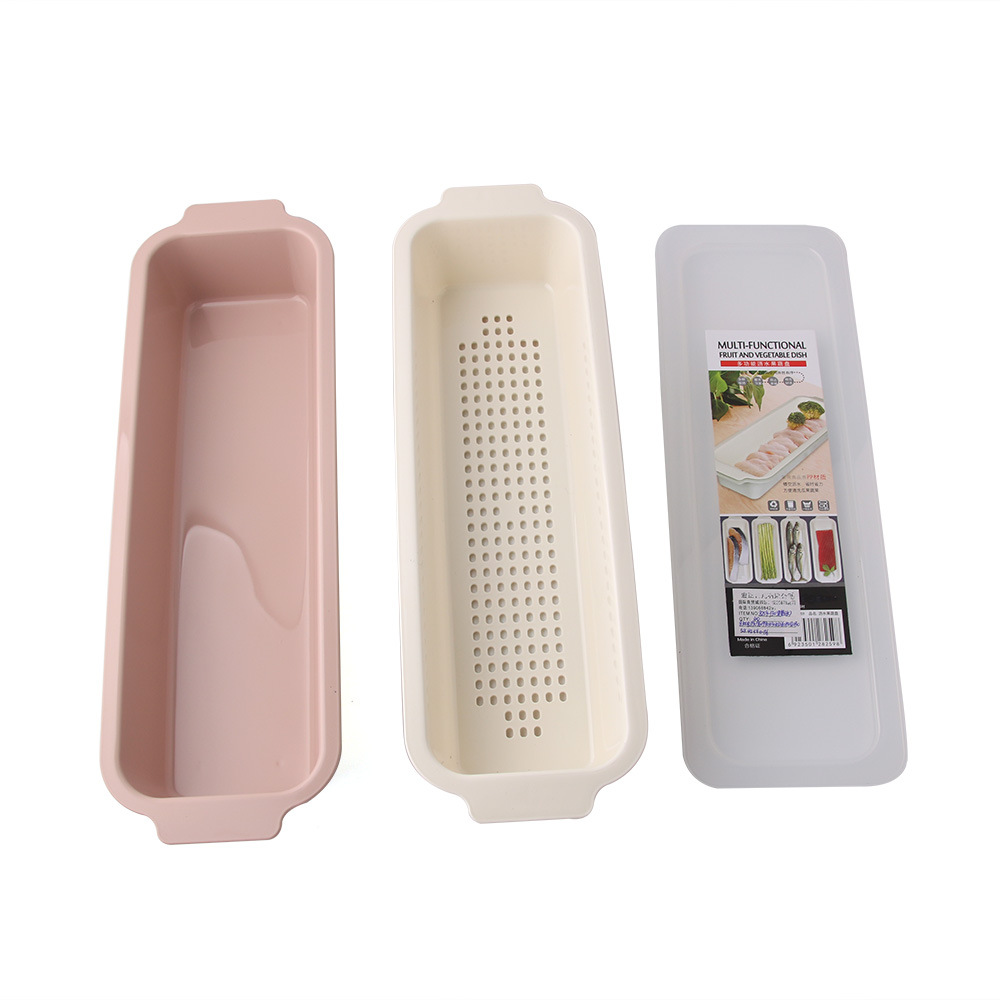 Multi-functional draining fruit and vegetable tray made of PP material with hollowed-out drainage for washing fruits and vegetables 8259-130 Fruit and vegetable tray (long) Application Scenario