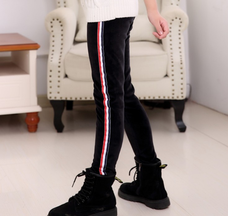 Girls' fleece thickened medium children's leggings Striped ribbon children's pants wear sports cotton pants