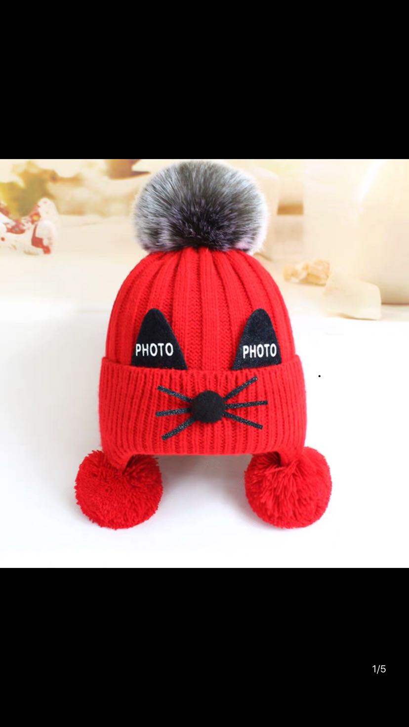 冬季热卖儿童胡子猫咪毛线帽 1-3岁宝宝针织帽男女童保暖护耳